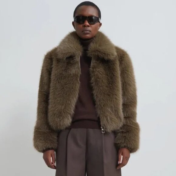 544. THE FRANKIE SHOP Sabrina Faux Fur Jacket in Khaki $399 NWT XS/S - Picture 1 of 4